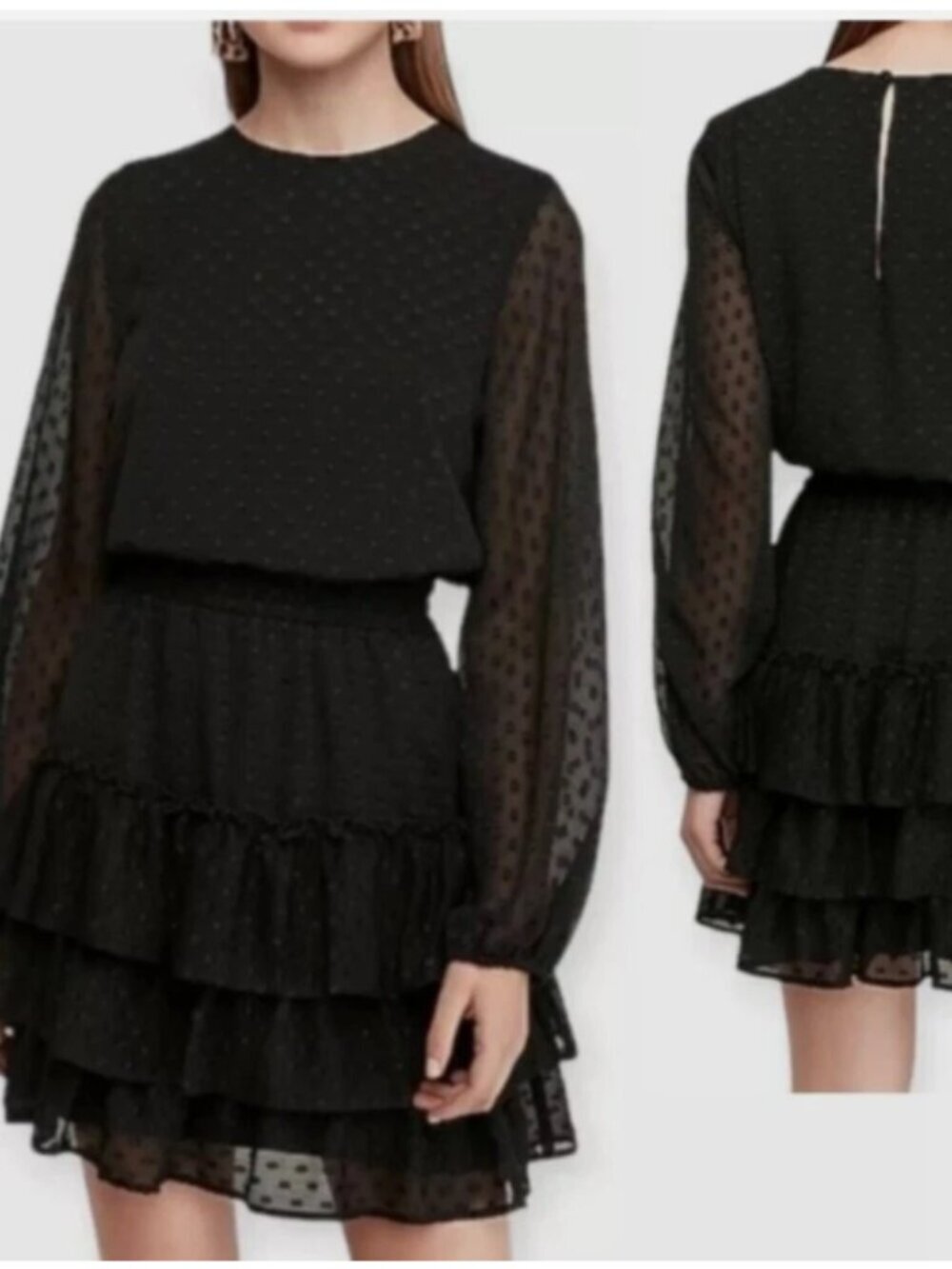 Express black dress with polka dot sparkle accents tiered ruffle long sleeve L